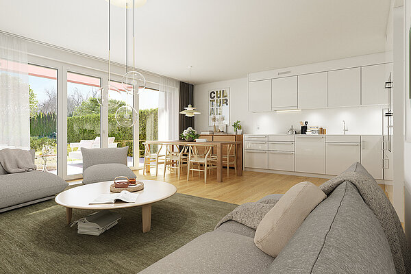 Innenvisualisierung Wohnen des Projekts Bölli Süd mit Sicht auf Küche, Esstisch und Sofa mit Salontisch.