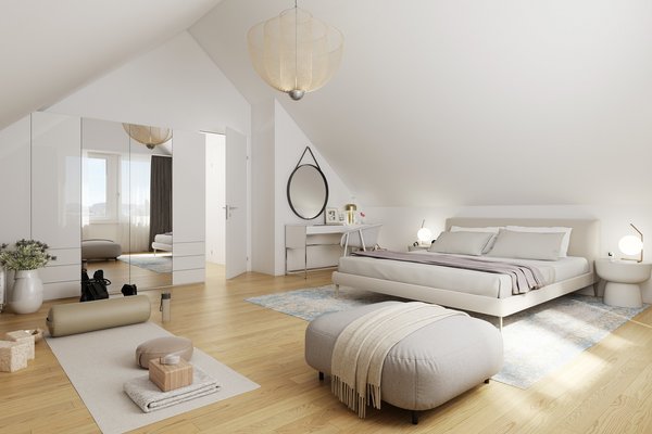 Innenvisualisierung des Elternschlafzimmers des Projekts Bölli Süd im Dachgeschoss.