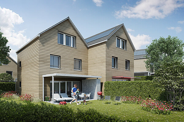 Aussenansicht zweier Häuser des Projekts Bölli Süd inklusive optionalem Gartendach.
