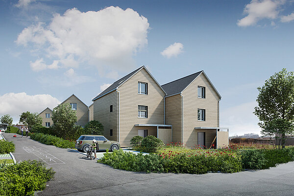 Visualisierung Projekt Bölli Süd mit Sicht auf zwei Häuser die Strasse runter