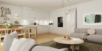 Innenvisualisierung Bölli Süd Wohnen mit Sicht auf Esstisch und Küche