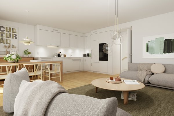 Innenvisualisierung Bölli Süd Wohnen mit Sicht auf Esstisch und Küche